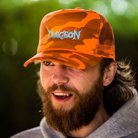 DUNGEON LOGO - ELECTRIC BLUE / ORANGE CAMO TRUCKER CAP